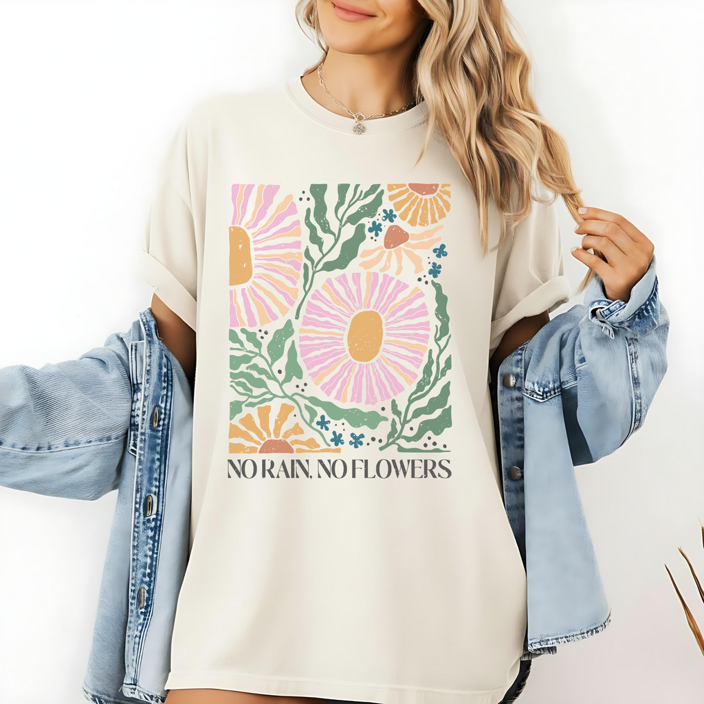 No Rain No Flowers Boho Design T-Shirt